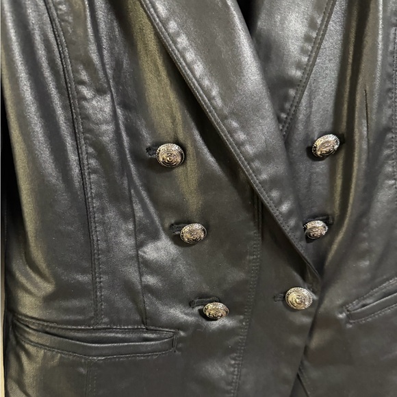 Women's Double-Breasted Coated Black Denim Jacket - looks like leather - Picture 2 of 16
